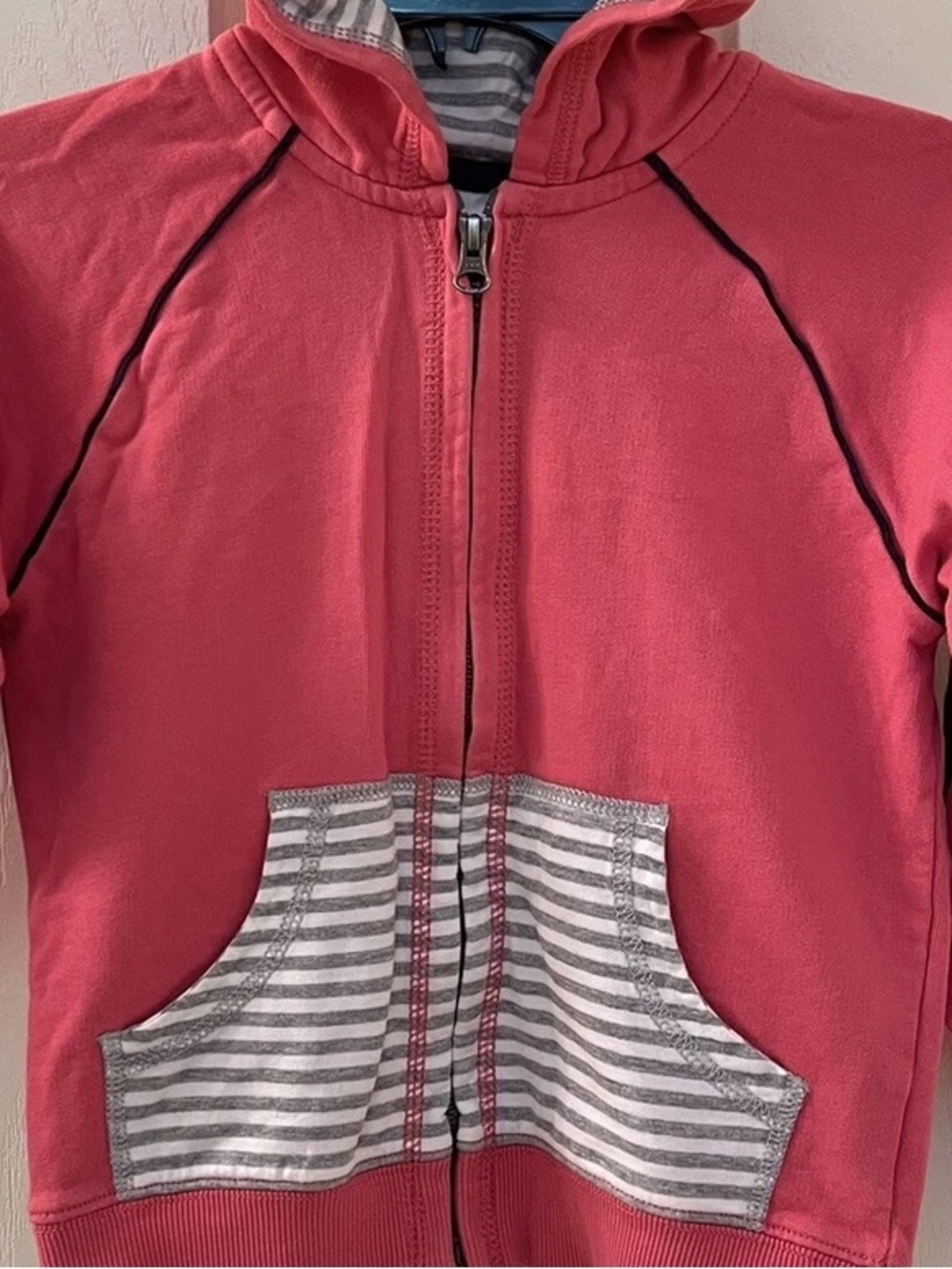 Hanna Andersson Zip Hoodie Pink w. Gray Wht stripes Size 7, Girl